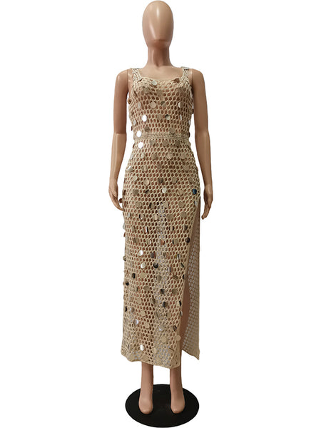 Momnfancy Beige Sequin Side Slit Fishnet Mesh Sheer Beach Cover Up Club  Chic Photoshoot Baby Shower Maternity Maxi Dress