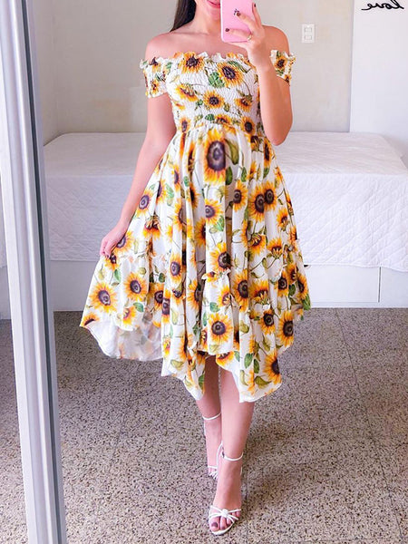 Sunflower Short Sleeves Cotton Maternity Dress Babyshower Dress