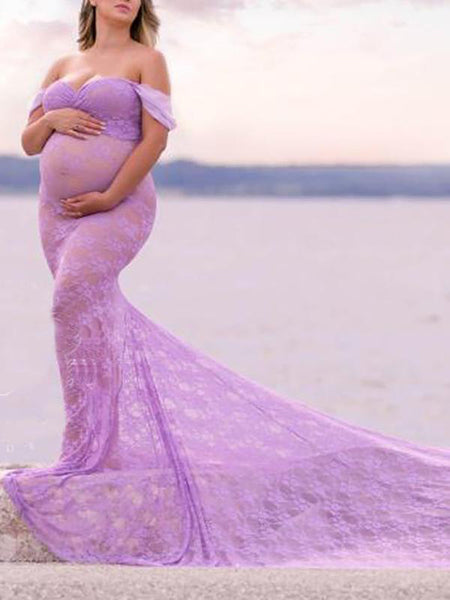 Floral Lace Cut Out Off Shoulder V-neck Baby Shower Photoshoot Elegant Maxi  Maternity Dresses – momnfancy