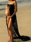 Momnfancy Lace Slit Bandeau Photoshoot Maternity Maxi Dress