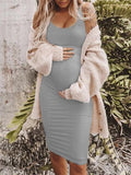 Momnfancy Solid Pleated Spaghetti Strap Bodycon Vest  Maternity Midi Dress