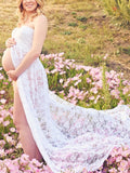 Momnfancy Lace Slit Bandeau Photoshoot Maternity Maxi Dress