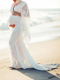 Momnfancy White Lace Mermaid V-neck Flare Sleeve Wedding Gown Elegant Maternity Photoshoot Maxi Dress