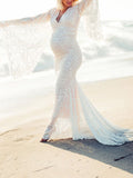 Momnfancy White Lace Mermaid V-neck Flare Sleeve Wedding Gown Elegant Maternity Photoshoot Maxi Dress