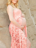 Momnfancy Lace Slit Bandeau Photoshoot Maternity Maxi Dress