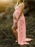 Momnfancy Lace Slit Bandeau Photoshoot Maternity Maxi Dress