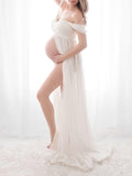 Momnfancy Slit Off Shoulder Photoshot Flowy Maxi Maternity Dress