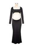 Momnfancy Black Backless Cut Out Bandeau Mermaid Crop Long Sleeve Bodycon Photoshoot Maternity Club Party Maxi Dress