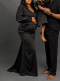 Momnfancy Black Shirred Ruched Slit Long Train Gown Photoshoot Party Wrap Maternity Maxi Dress