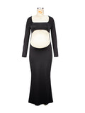 Momnfancy Black Long Cut Out Backless Long Sleeve Bandeau Bodycon Photoshoot Maternity Maxi Dress