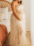 Momnfancy Bandeau Off Shoulder Feather Tulle Tutu Grenadine Photoshoo Maternity Maxi Dress