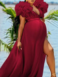 Momnfancy Ruffle Tulle Slit V-neck Photoshoot Plus Size Maternity Maxi Dress