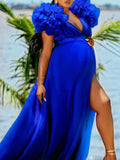 Momnfancy Ruffle Tulle Slit V-neck Photoshoot Plus Size Maternity Maxi Dress