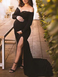 Momnfancy Off Shoulder Mermaid Side Slit Pregnant Maternity Baby Shower Photoshoot Mini Dress