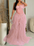 Momnfancy Bandeau Off Shoulder Feather Tulle Tutu Grenadine Photoshoo Maternity Maxi Dress