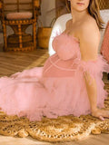 Momnfancy Bandeau Off Shoulder Feather Tulle Tutu Grenadine Photoshoo Maternity Maxi Dress