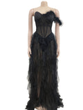 Momnfancy Bandeau Off Shoulder Feather Tulle Tutu Grenadine Photoshoo Maternity Maxi Dress