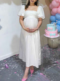 Momnfancy White Ruched Square Neck Pleated Puff Sleeve Gender Reveal Maternity Maxi Dress