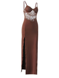 Momnfancy Brown Spaghetti Strap Backless Cami Lace Splicing Side Slit Bodycon Elegant Party Gowns Maternity Baby Shower Maxi Dress