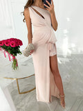 Momnfancy Pink-Beige One Shoulder Cut Out Ruched Side Slit Draped Elegant Gown Baby Shower Maternity Maxi Dress