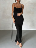 Momnfancy Black Spaghetti Straps Backless Bodycon Ruched Lace Up Boat Neck Elegant Evening Photoshoot Baby Shower Maternity Maxi Dress