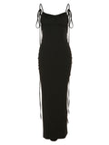 Momnfancy Black Spaghetti Straps Backless Bodycon Ruched Lace Up Boat Neck Elegant Evening Photoshoot Baby Shower Maternity Maxi Dress