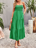 Momnfancy Spaghetti Straps Pockets Ruched Off-shoulder Big Swing U-neck Holiday Sweet Boho Photoshoot Baby Shower Maternity Maxi Dress