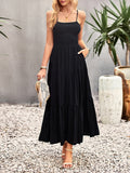 Momnfancy Spaghetti Straps Pockets Ruched Off-shoulder Big Swing U-neck Holiday Sweet Boho Photoshoot Baby Shower Maternity Maxi Dress