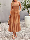 Momnfancy Spaghetti Straps Pockets Ruched Off-shoulder Big Swing U-neck Holiday Sweet Boho Photoshoot Baby Shower Maternity Maxi Dress