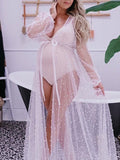 Momnfancy White Sheer Beaded Mesh Belt Cardigan Photoshoot Maternity Maxi Dress
