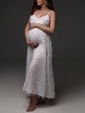 Momnfancy White Spaghetti Strap Feather V-neck Tassel Backless Photoshoot Maternity Maxi Dress