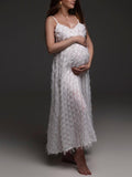 Momnfancy White Spaghetti Strap Feather V-neck Tassel Backless Photoshoot Maternity Maxi Dress