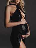 Momnfancy Black Sequin Cut Out High Side Slit Backless Halter Neck Elegant Evening Gown Photoshoot Maternity Maxi Dress