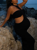 Momnfancy Black Cut Out Backless Halter Neck Chic Bodycon Photoshoot Baby Shower Maternity Maxi Dress