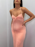 Momnfancy Spaghetti Straps Irregular Ruched Backless Bodycon Multi Way Halter Neck Lace Up V-neck Baby Shower Maternity Maxi Dress