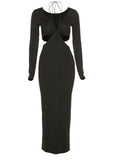 Momnfancy Black Cut Out Halter V-Neck Split Drawstring Elegant Bodycon Maternity Photoshoot Maxi Dress