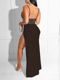 Momnfancy Rhinestone Spaghetti Straps Thigh High Side Slits Bodycon V-neck Elegant Chic Gowns Baby Shower Maternity Maxi Dress