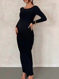 Momnfancy Backless Ruched Long Sleeve Fashion Bodycon Photoshoot Baby Shower Maternity Maxi Dress