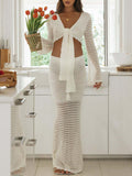 Momnfancy White 2 Piece Crochet Tie Beach Vacation Bodycon Photoshoot Baby Shower Maternity Maxi Dress