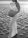 Momnfancy White Two Piece Crochet Crop Bodycon Round Neck Chic Holiday Photoshoot Maternity Maxi Dress