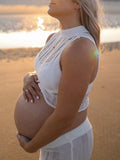 Momnfancy White Two Piece Crochet Crop Bodycon Round Neck Chic Holiday Photoshoot Maternity Maxi Dress