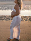 Momnfancy White Two Piece Crochet Crop Bodycon Round Neck Chic Holiday Photoshoot Maternity Maxi Dress