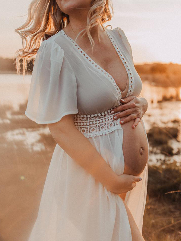 Momnfancy White Lace V-Neck Long Sleeve Photoshoot Maternity Maxi Dress –  momnfancy