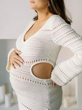 Momnfancy White Crochet Cut Out Bodycon Long Sleeve Elegant Baby Shower Maternity Maxi Dress