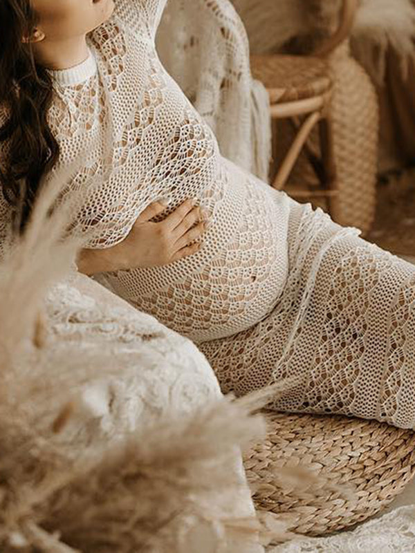 Momnfancy Elegant White Cutout Bare Waist Transparent Crochet Backless Lace  Up Holiday Beach Cover-Ups Maternity Maxi Dress – momnfancy