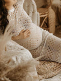 Momnfancy Elegant White Crochet Knitwear Lace Transparent Backless Tie Back Wavy Edge Babyshower Maternity Photoshoot Maxi Dress