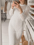 Momnfancy Elegant White Crochet Knitwear Lace Transparent Backless Tie Back Wavy Edge Babyshower Maternity Photoshoot Maxi Dress