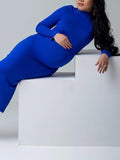 Momnfancy Sapphire Blue Elegant Bodycon Ruffle Collar Babyshower Maternity Photoshoot Maxi Dress