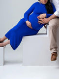 Momnfancy Sapphire Blue Elegant Bodycon Ruffle Collar Babyshower Maternity Photoshoot Maxi Dress