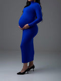 Momnfancy Sapphire Blue Elegant Bodycon Ruffle Collar Babyshower Maternity Photoshoot Maxi Dress